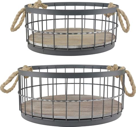 Stonebriar 2pc Round Metal Serving Basket Set with Decorative 